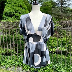 Copper Key Shimmery Geometric Abstract Deep V-neck Tunic Blouse